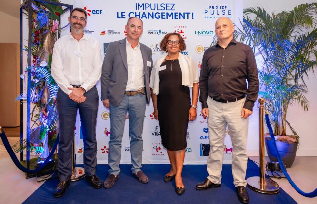 Xavier Fichau (directeur régional EDF en Martinique), Antoine Jourdain (directeur EDF SEI), Marie-Line Bassette (directrice régionale EDF Archipel Guadeloupe), Martin Voisin (directeur régional EDF en Guyane). © Bruno Balmokoun