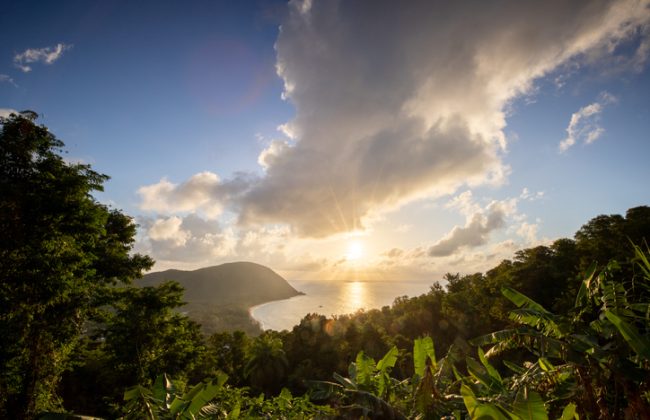 Coucher de soleil sur une baie verdoyante en Guadeloupe, avec une vue dégagée sur la mer, les montagnes et une végétation tropicale luxuriante.