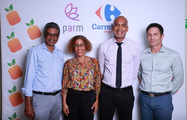 Nicaise Monrose (président du Parm), Véronique Louise- Alexandrine (directrice marketing et commerciale du groupe Carrefour Martinique), Jean-Michel Mongis (directeur Carrefour Cluny), Pierre Gitany (directeur général Groupe Elize, secrétaire du Parm)