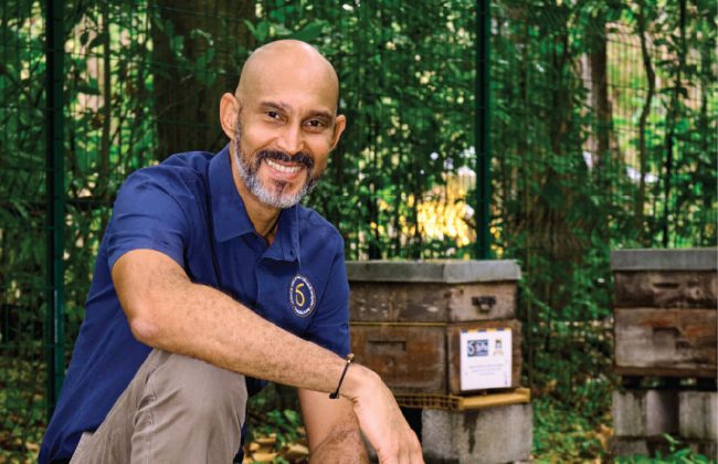 Rony Saint-Charles, directeur de l’Agence des 50 pas géométriques de Guadeloupe, accroupi près des ruches installées à Val de l’Orge.